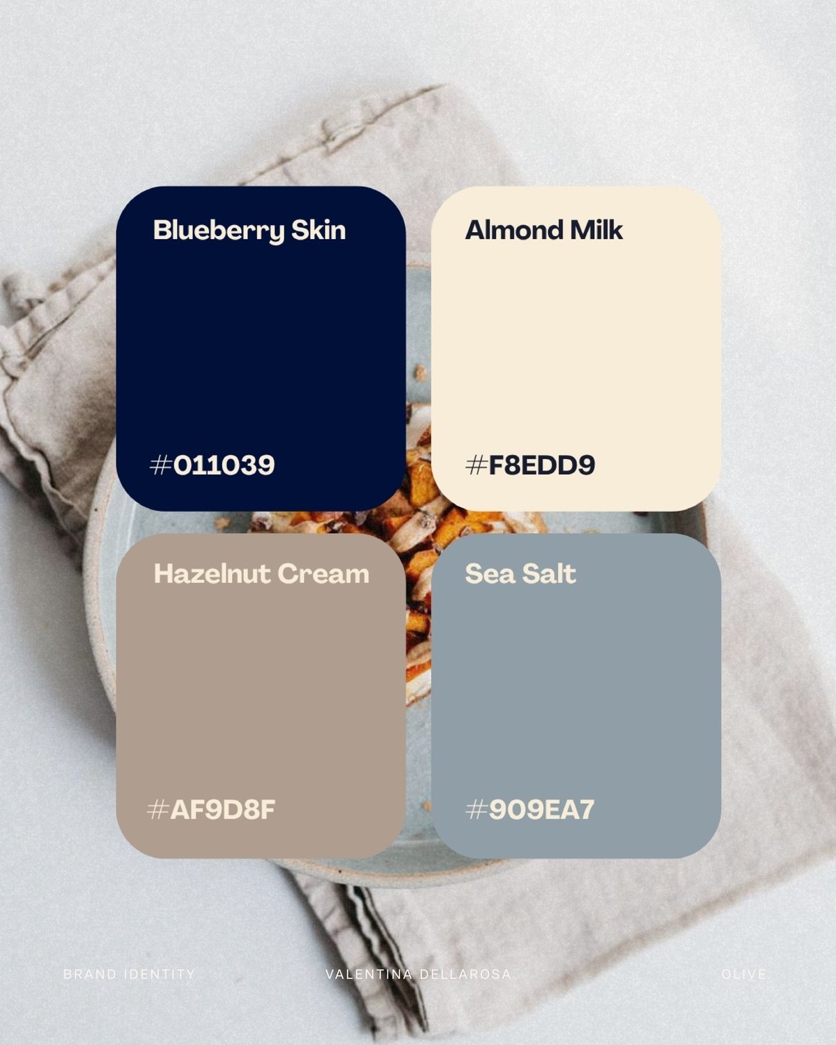 Palette colori: Blueberry Skin, Almond Milk, Hazelnut Cream, Sea Salt